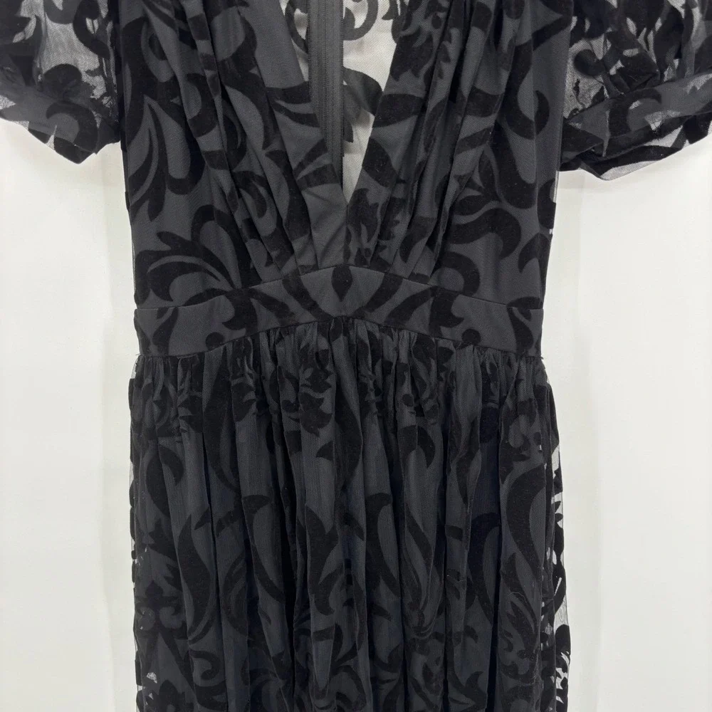 Windsor Black Velvet Burnout Mesh Maxi Dress‎ Short Sleeve V Neck S - Picture 7 of 16